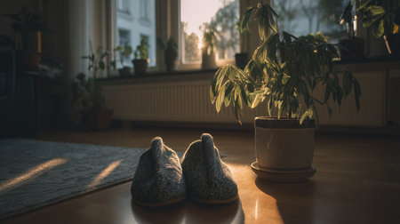 A serene indoor moment featuring cozy slippers near a vibrant houseplant, illuminated by warm sunlight, creating a peaceful and inviting atmosphere for relaxation.の素材