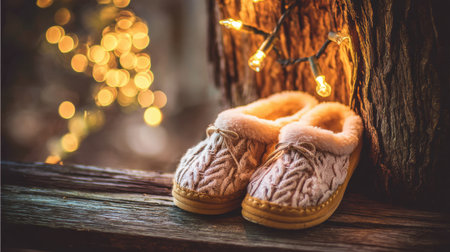 A pair of cozy knitted slippers sits on a rustic wooden shelf, illuminated by glowing fairy lights, creating a warm atmosphere perfect for relaxing moments.の素材