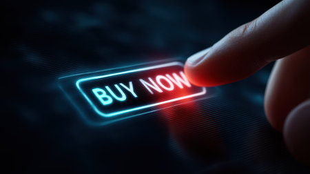 A close-up view of a finger pressing a luminous "Buy Now" button on a sleek digital screen, capturing the essence of modern online shopping and e-commerce experiences.の素材