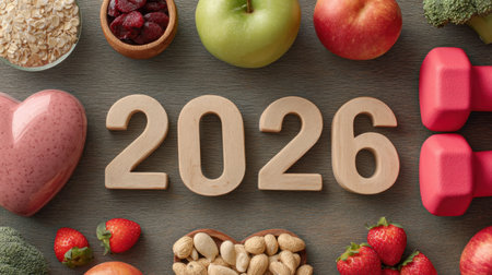 Creative arrangement showcasing healthy foods, fitness equipment, and the year 2026 signifies a fresh start, inviting viewers to pursue wellness and healthy habits.の素材