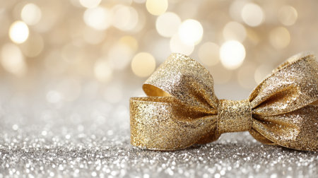 A close-up view of a glittering golden bow resting on a shimmering surface, surrounded by soft bokeh lights, perfect for festive decor and elegant celebrations.の素材