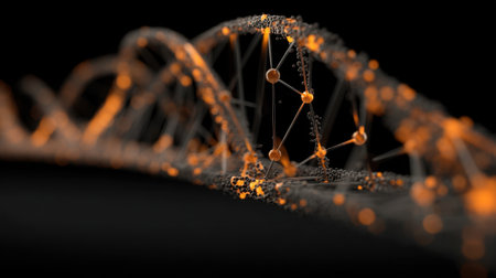 This artwork presents an abstract visual of a DNA double helix, emphasizing a vibrant contrast of orange and black elements. It captures the essence of genetic structure and complexity.の素材