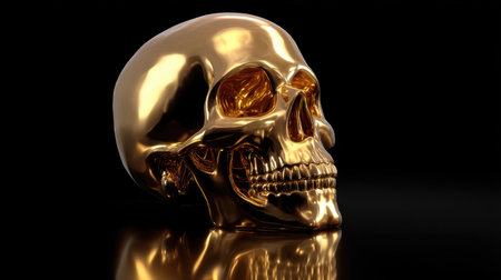 A stunning shiny gold skull rests on a reflective surface, highlighted by dramatic lighting. Ideal for Halloween themes, artistic projects, or luxury decor items.の素材
