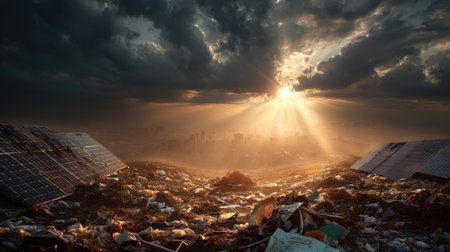 A powerful image showcasing a landfill overtaken by debris, with solar panels juxtaposed against a stunning sunset illuminating the skyline and highlighting environmental challenges.の素材