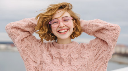 A joyful young woman wearing a pink sweater smiles brightly outdoors, her hair playfully tousled by the wind. Her cheerful demeanor embodies happiness and carefree joy.の素材