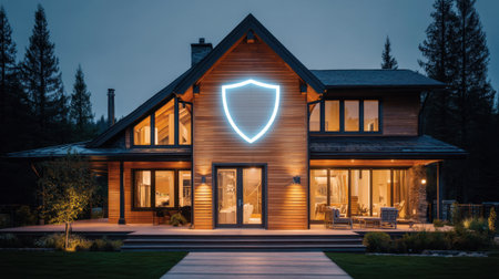 Beautiful modern home featuring a striking illuminated shield symbol, surrounded by serene trees and a landscaped yard, perfect for a peaceful retreat at dusk.の素材