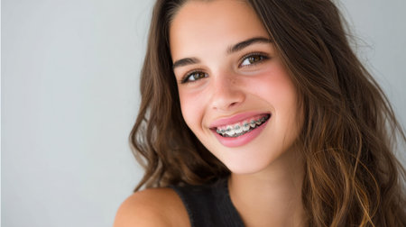A charming young girl with braces beams with a bright smile, radiating joy and confidence. This portrait captures her youthful spirit against a soft, light background.の素材