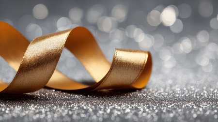 A stunning gold ribbon elegantly twists over a shimmering silver surface, creating a striking visual. This image captures the essence of festive celebrations and creative crafts.の素材
