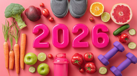 An eye-catching flat lay displays fresh produce and fitness gear around the year 2026, symbolizing a vibrant commitment to health and lifestyle choices.の素材