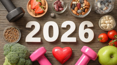 A vibrant arrangement showcasing healthy foods, weights, and fresh ingredients representing a fitness journey in 2026, emphasizing wellness, nutrition, and balanced living.の素材