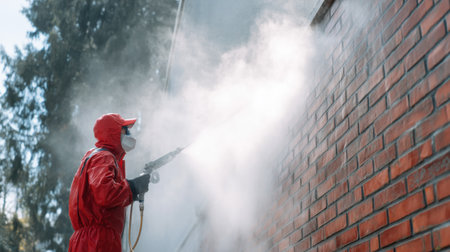 A dedicated worker in a red protective suit utilizes a steam pressure washer to clean the exterior of a brick building, ensuring hygiene and maintenance.の素材