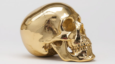 A stunning shiny gold skull sculpture sits elegantly on a neutral background, showcasing unique artistic flair, ideal for modern decor and creative displays.の素材