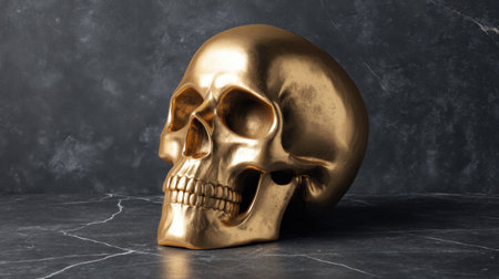 A striking golden skull resting on a dark marble surface, illuminated with soft light, perfect for creative projects, home decor, and artistic presentations.の素材