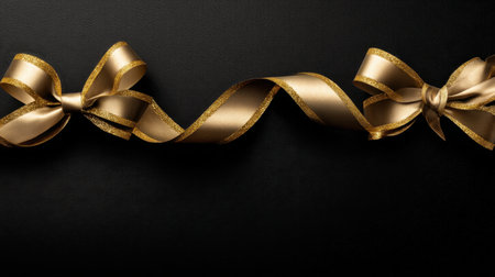 This image features elegant golden bows and ribbons gracefully arranged on a dark background, perfect for enhancing gift-wrapping ideas and festive celebrations.の素材