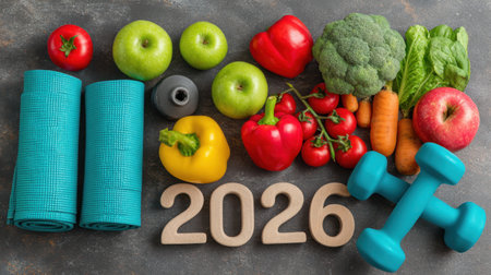 An inspiring display of vibrant vegetables, fruits, and fitness equipment symbolizes a commitment to health and wellness in 2026, perfect for motivational content.の素材