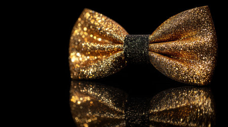A stunning close-up of a sparkling golden bow tie creates a striking visual against a glossy black background, ideal for showcasing elegance and style during celebrations.の素材