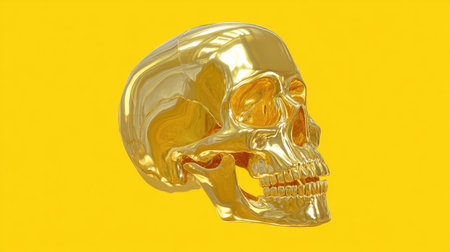 This striking golden skull set against a vibrant yellow background captures the duality of beauty and darkness in a contemporary artistic style, perfect for creative projects.の素材