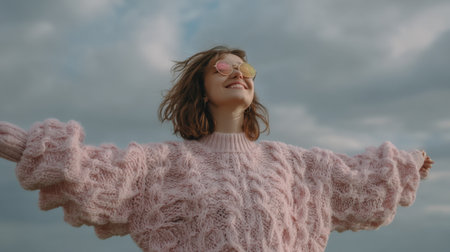 A joyful young woman in a pink sweater embraces the outdoors with a smile, arms open wide, under a beautifully textured cloudy sky, capturing blissful freedom.の素材