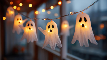 Delight in the playful charm of whimsical ghost decorations glowing softly among string lights, creating a magical atmosphere for a festive Halloween celebration.の素材