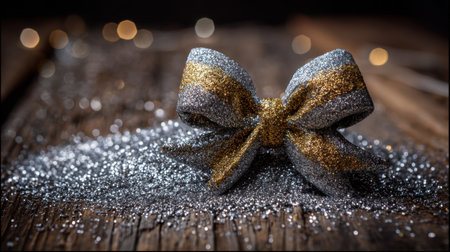 A stunning glitter bow rests on a rustic wooden surface, surrounded by shimmering silver dust and warm light bokeh, perfect for holiday and gift-themed projects.の素材