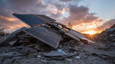 The image portrays a dramatic scene of cracked solar panels amidst debris at sunset, symbolizing the clash between technology and environmental challenges.の素材