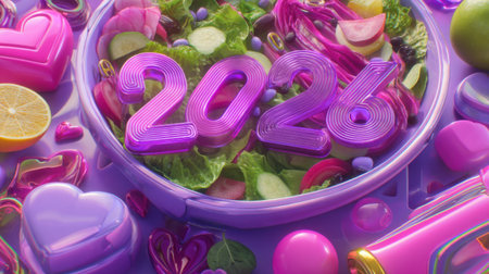 A striking arrangement of fresh salad ingredients is complemented by the bold number 2026, creating a fun and modern aesthetic perfect for wellness and healthy living themes.の素材