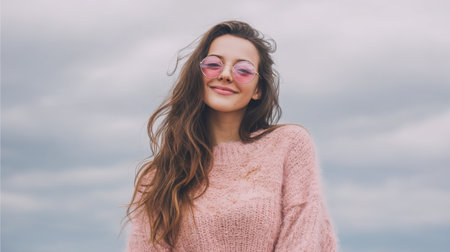A joyful young woman stands outdoors with a big smile, wearing stylish pink sunglasses and a cozy sweater, depicted against a beautiful cloudy sky, radiating happiness.の素材