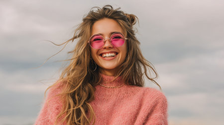 A joyful young woman stands outside with a radiant smile, wearing a cozy pink sweater and round sunglasses, capturing a moment of carefree happiness against a cloudy sky.の素材