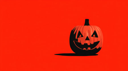 A colorful and playful illustration featuring a grinning pumpkin against a vibrant red background, ideal for Halloween-themed decorations or festive graphics.の素材