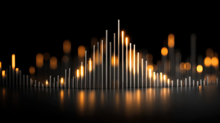 A striking abstract representation of sound waves with illuminated vertical bars against a dark backdrop, evoking a sense of rhythm and creativity in audio design.の素材