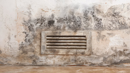 A close-up view of mold growth around a ventilation grate on a wall in an abandoned room. The image illustrates decay and neglect with textured surfaces and visible damage.の素材