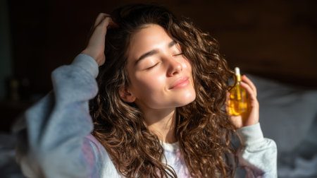 A joyful young woman experiences a beautiful self-care moment with hair oil in a cozy bedroom, showcasing her glowing skin and radiant smile, promoting relaxation and wellness.の素材