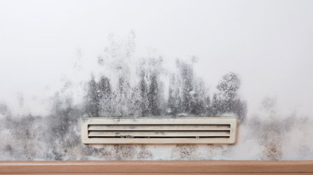 This image portrays mold growth on a wall next to a ventilation system, highlighting concerns about indoor air quality and maintenance. Ideal for awareness campaigns.の素材