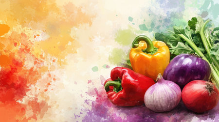 Beautifully arranged vegetables on a watercolor background, featuring items like bell peppers, onions, and cabbageの素材