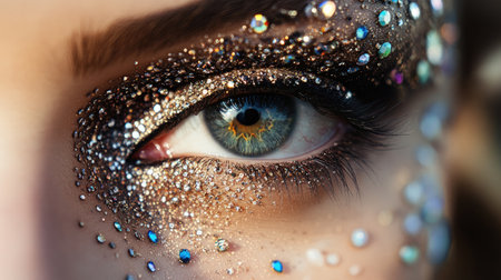 Close-up of a beautifully adorned eye with sparkly rhinestones, showcasing creative makeup artistry and attention to detailの素材