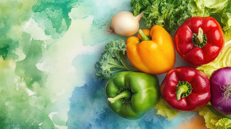 Beautifully arranged vegetables on a watercolor background, featuring items like bell peppers, onions, and cabbageの素材