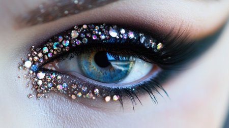 Close-up of a beautifully adorned eye with sparkly rhinestones, showcasing creative makeup artistry and attention to detailの素材
