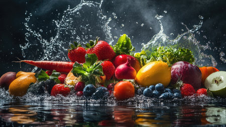 Colorful assortment of fruits and vegetables with water splashes on a panoramic background, symbolizing freshness and healthの素材
