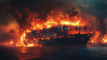 A colossal container ship ablaze in the middle of the ocean, with towering flames consuming its structure under the night skyの素材
