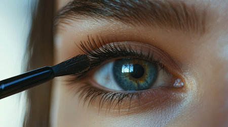 Close-up of a female eye with long, thick lashes, as a mascara brush carefully coats them, highlighting the beauty of well-applied makeup.の素材