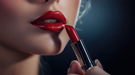 Woman's hand delicately applying red lipstick to her lips, capturing the allure and sophistication of this classic beauty ritualの素材
