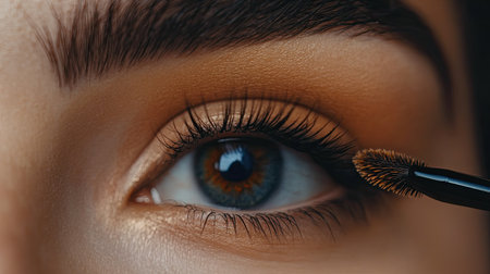 A mascara brush applying product to long, voluminous lashes, focusing on the details of a woman's eye and enhancing her natural beauty.の素材