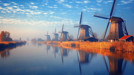 The windmills of Kinderdijk in the Netherlands, set against a backdrop of serene canals and fields, with no one nearbyの素材