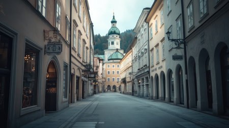 The peaceful streets of Salzburg, Austria, with historic buildings and scenic views, captured without any people.の素材