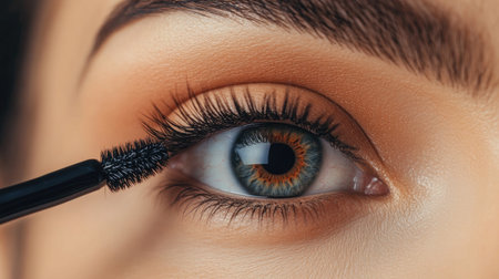 Detailed close-up of a woman's eye with a mascara brush gently enhancing her long lashes, emphasizing the eleganceの素材