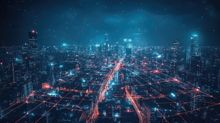 Digital communication network interlinking transport connections in a futuristic city, glowing under the night sky.の素材