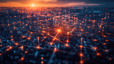 Futuristic city with transport connections and technology communication networks,の素材