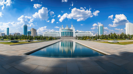 Wide-angle view of Akorda, the White House of Government in Astana, Kazakhstan, on a bright summer day in July 2024の素材