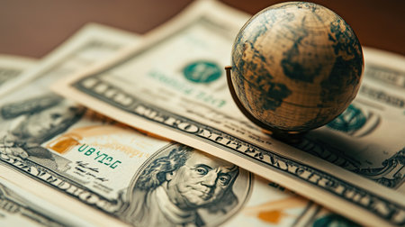 Detailed view of US currency and a miniature globe, illustrating the concept of global financial markets.の素材