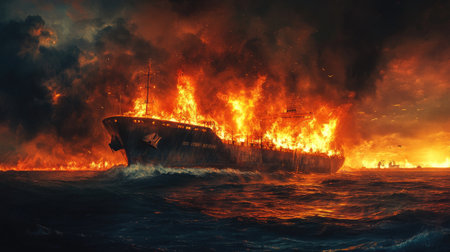 Fiery inferno on a container ship, engulfed by flames amidst the endless expanse of ocean,の素材
